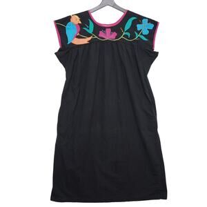 Sita by Donna Black Embroidered Cotton Dress Boho Mexican Style Floral Bird